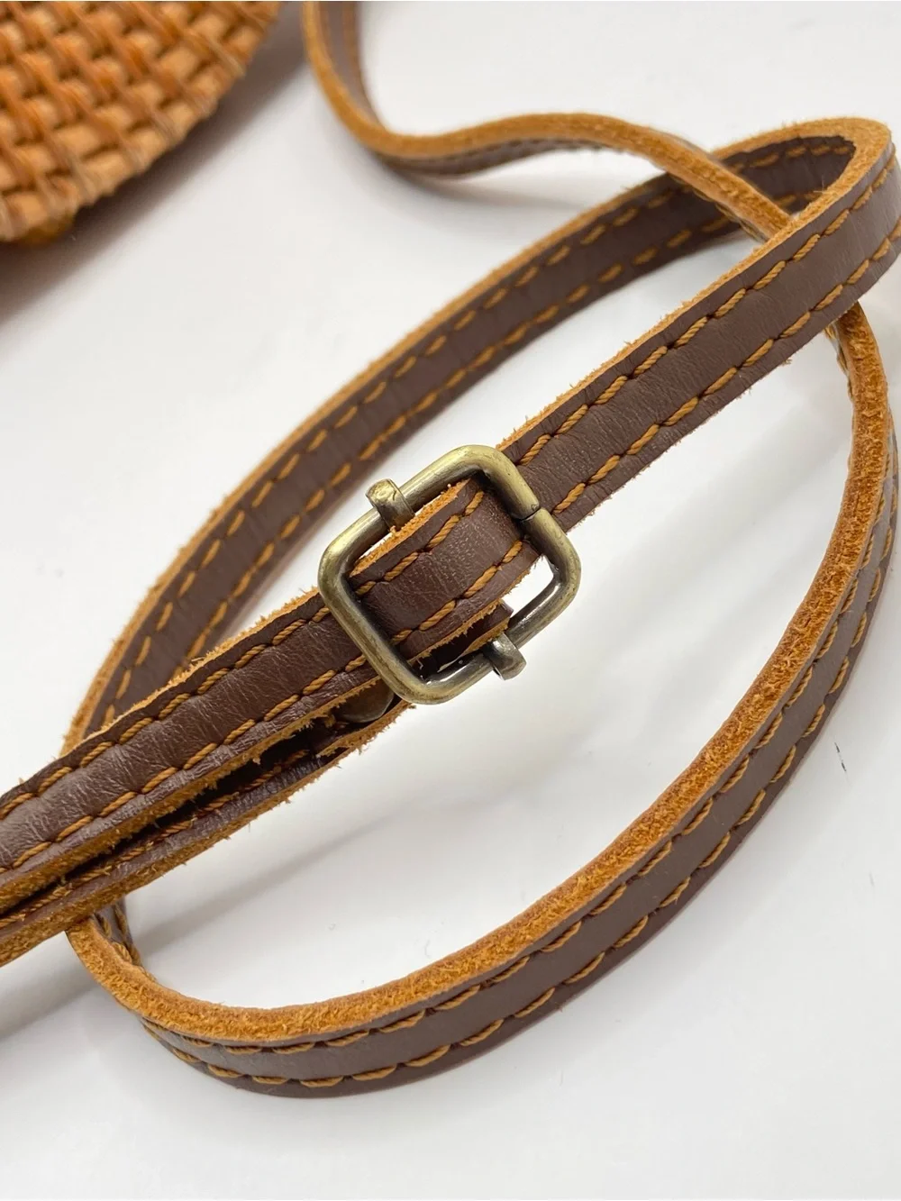 Handmade‎ Woven Round Straw Crossbody Bag with Bali Tropical Lining - Natural